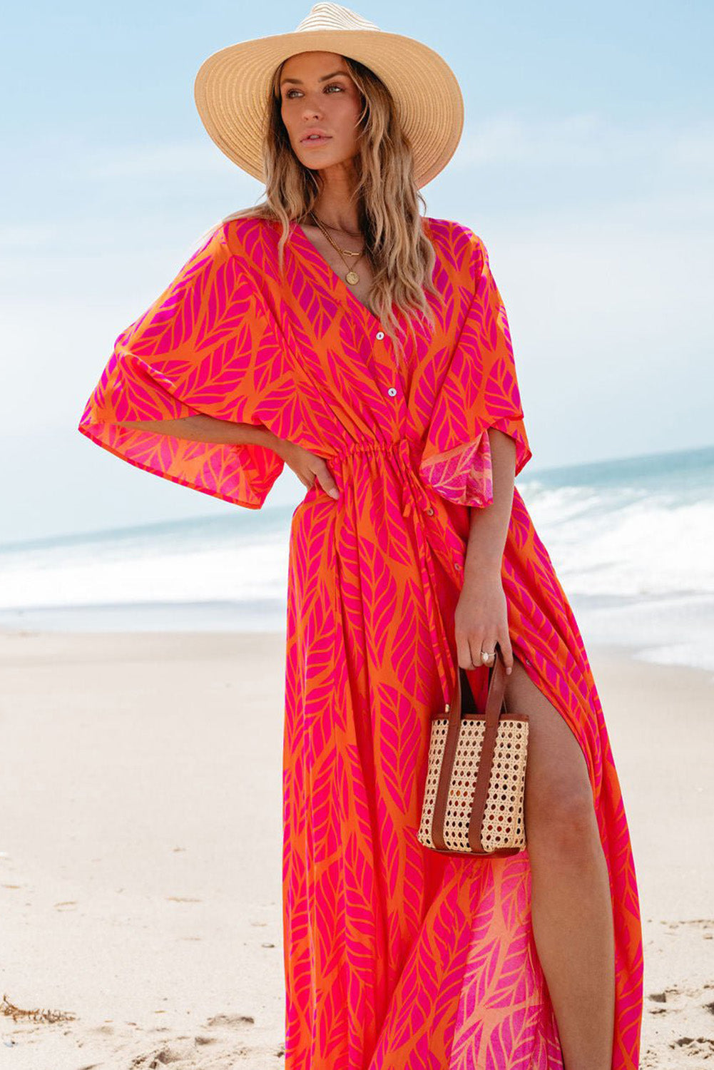 Anna - Leaf Print Beach Maxi Dress