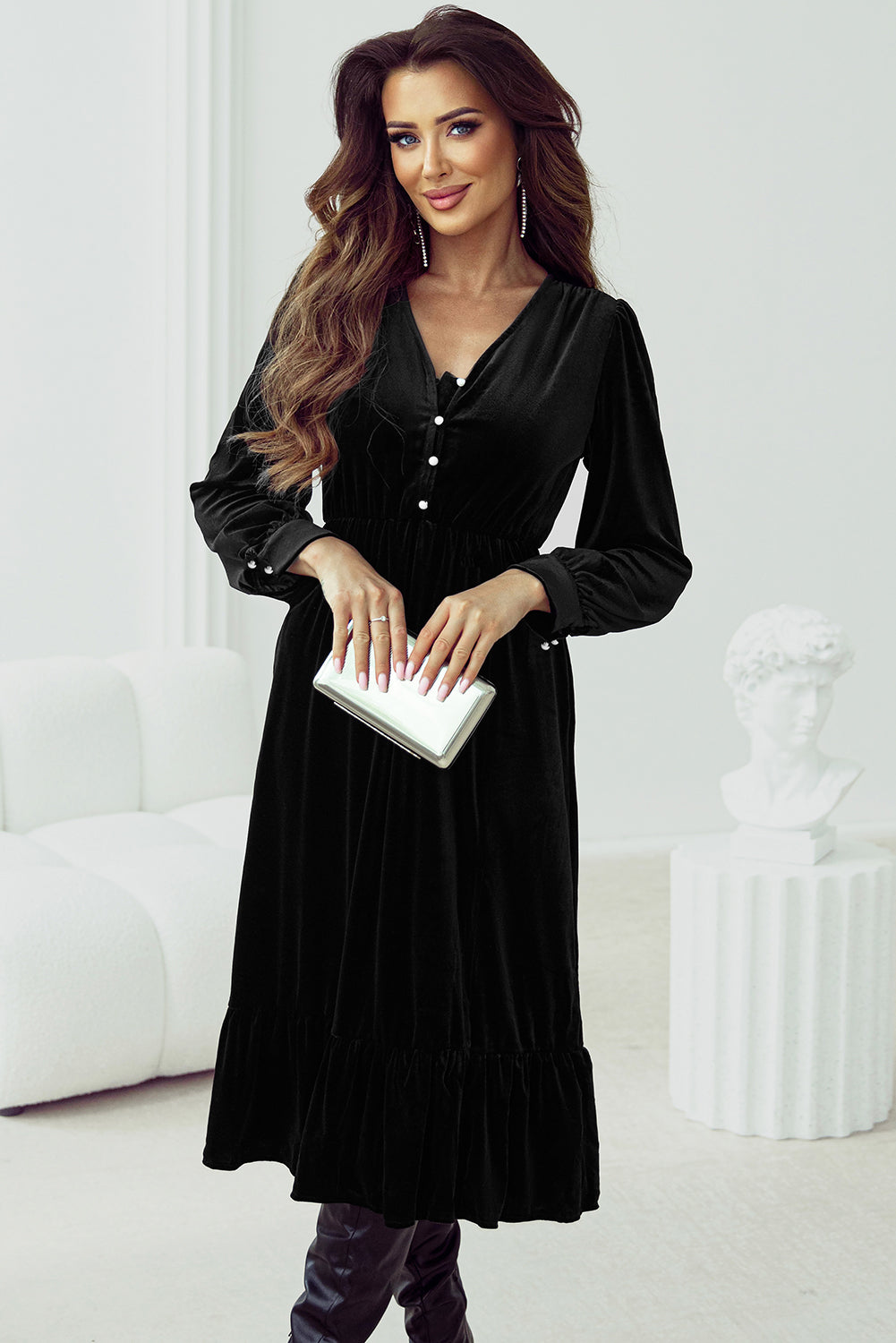 Angela - Puff Sleeves Midi Dress Black