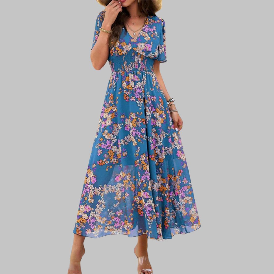 Angelica - Floral Chiffon Summer Dress Blue