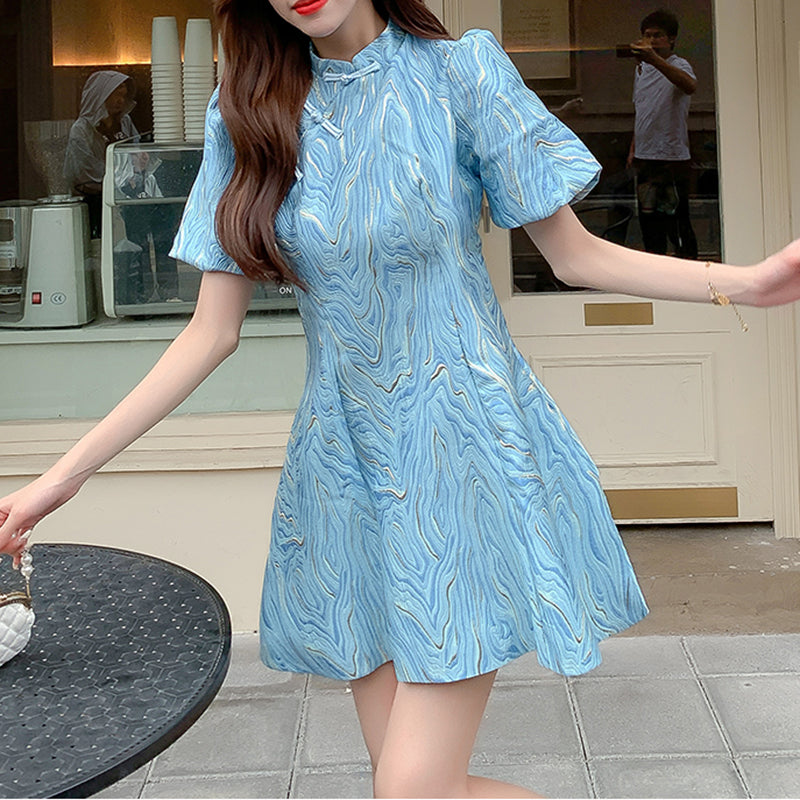 Alice - Puff Sleeve Mini Dress Blue