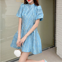 Alice - Puff Sleeve Mini Dress Blue