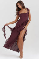 Anny - Ruffle Trim Maxi Dress Burgundy