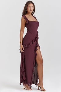 Anny - Ruffle Trim Maxi Dress Burgundy