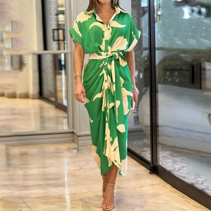 Ann - Button-Down Belted Maxi Dress Floral Green
