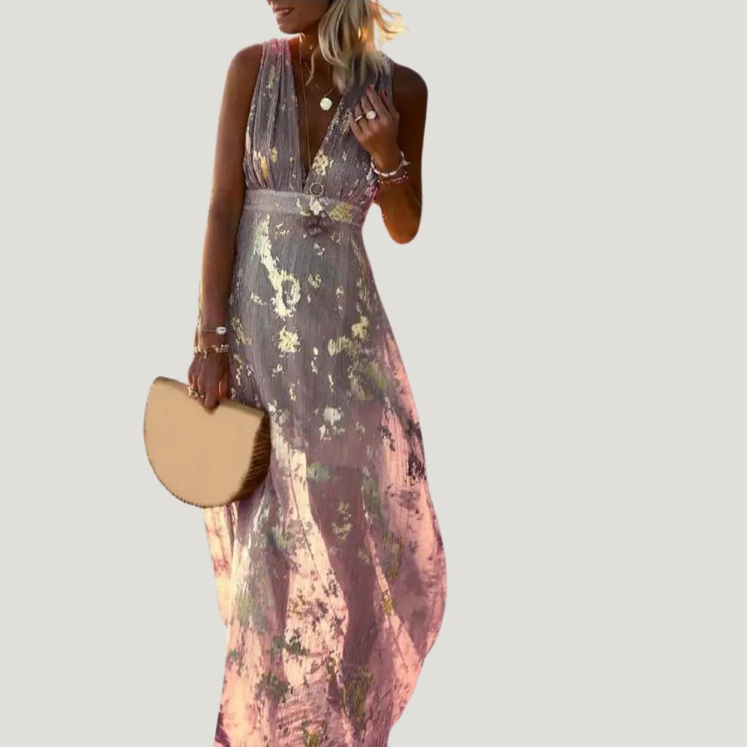 Aura - Gold-Leaf Chiffon Maxi Dress Pink