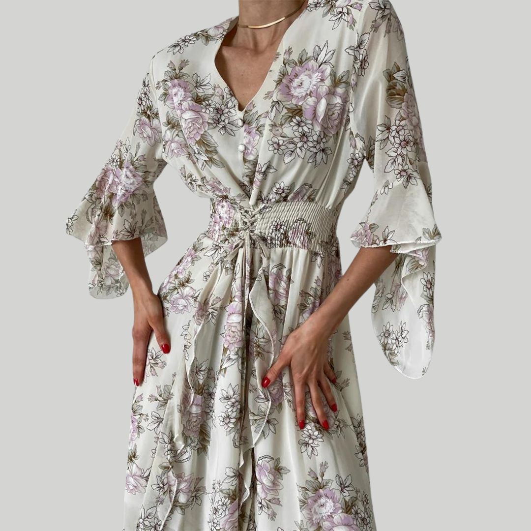 Angela - V-Neck Floral Maxi Dress Apricot