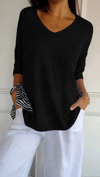 Athena - Casual Knit V-Neck Blouse Black