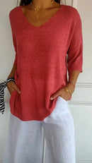 Athena - Casual Knit V-Neck Blouse Red