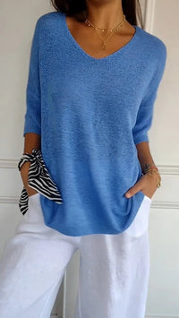 Athena - Casual Knit V-Neck Blouse Blue