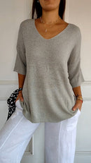 Athena - Casual Knit V-Neck Blouse Grey