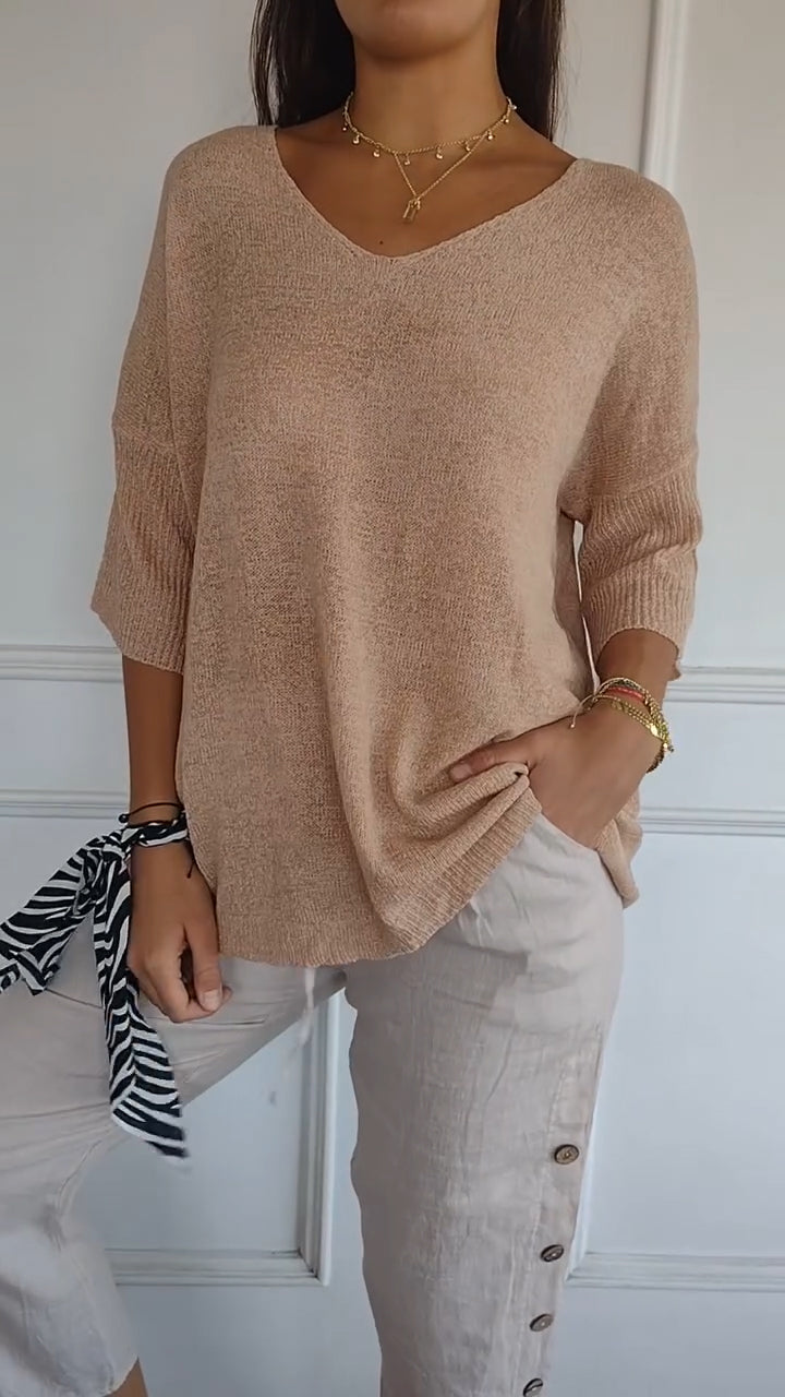 Athena - Casual Knit V-Neck Blouse Beige