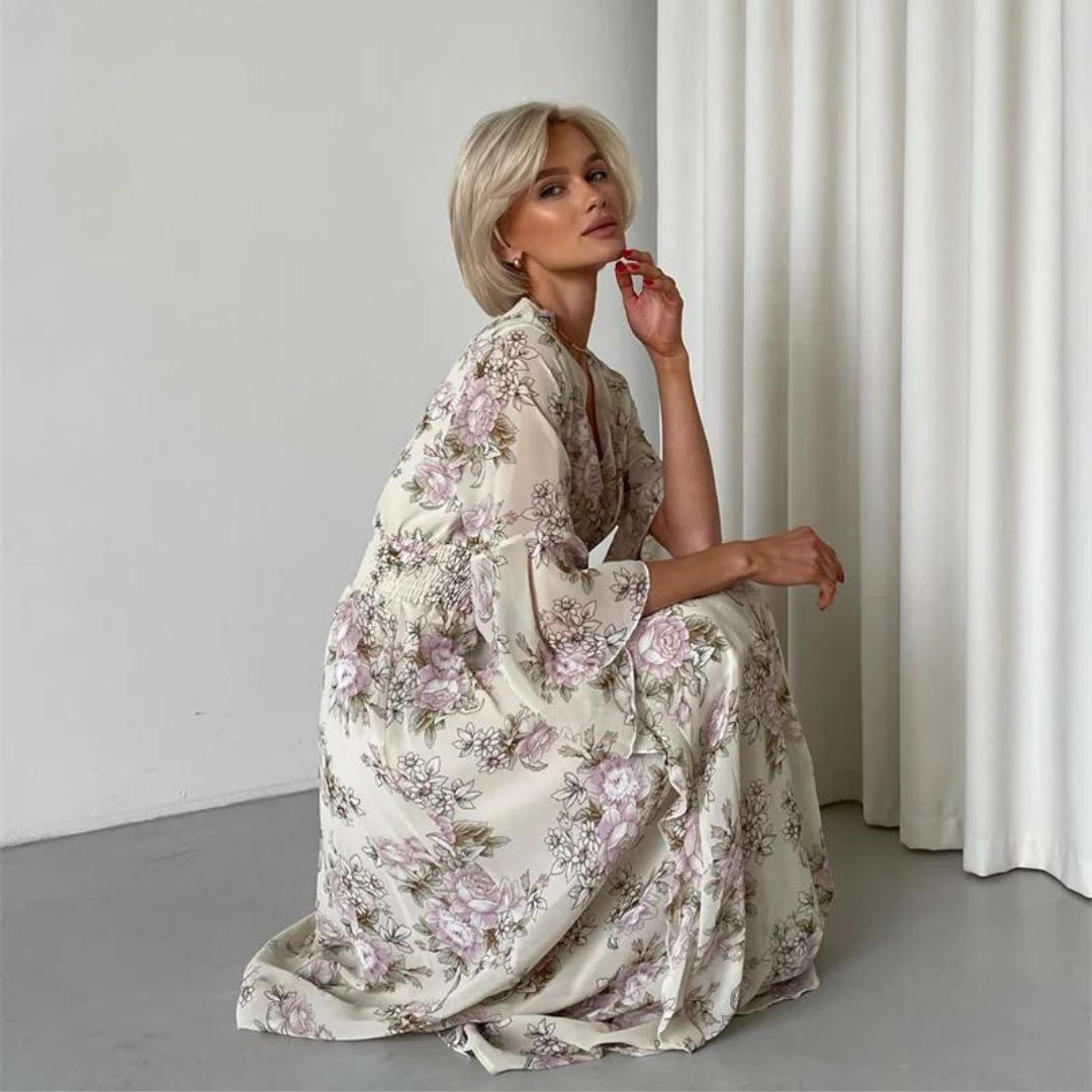 Angela - V-Neck Floral Maxi Dress Apricot