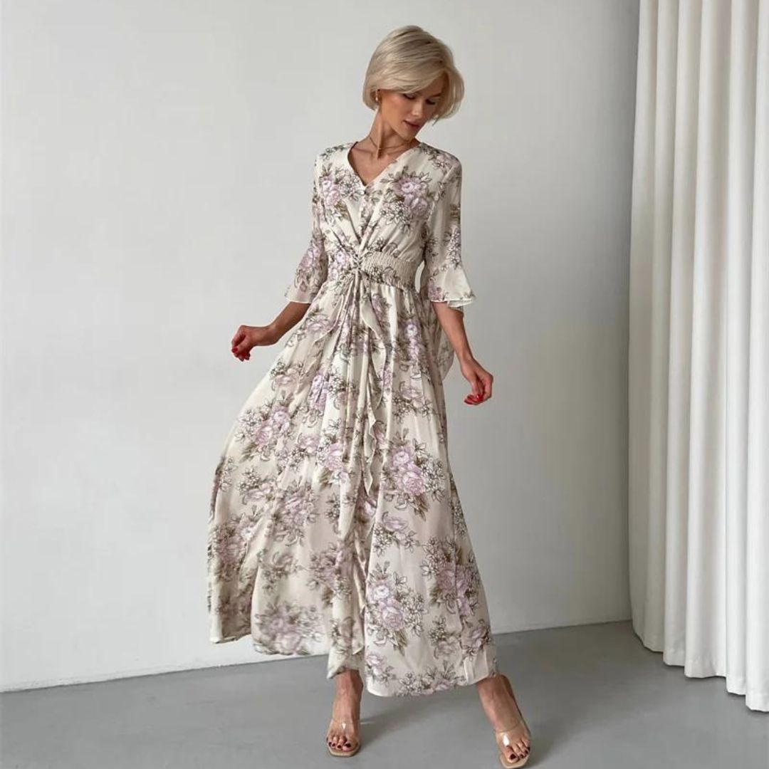 Angela - V-Neck Floral Maxi Dress Apricot