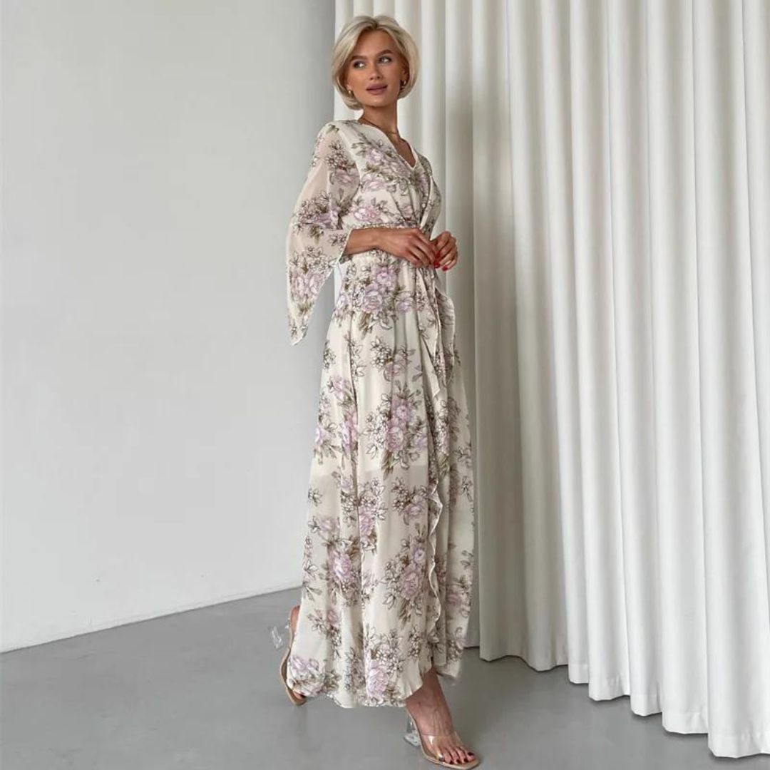 Angela - V-Neck Floral Maxi Dress Apricot