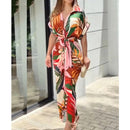 Ann - Button-Down Belted Maxi Dress Floral Red