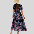 Angelica - Floral Chiffon Summer Dress Black Back