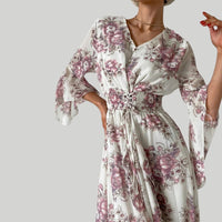 Angela - V-Neck Floral Maxi Dress Beige