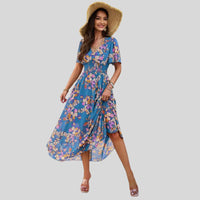 Angelica - Floral Chiffon Summer Dress Blue