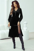 Angela - Puff Sleeves Midi Dress Black