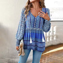 Angela - Boho Tassel Summer Blouse Blue