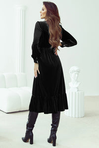 Angela - Puff Sleeves Midi Dress Black