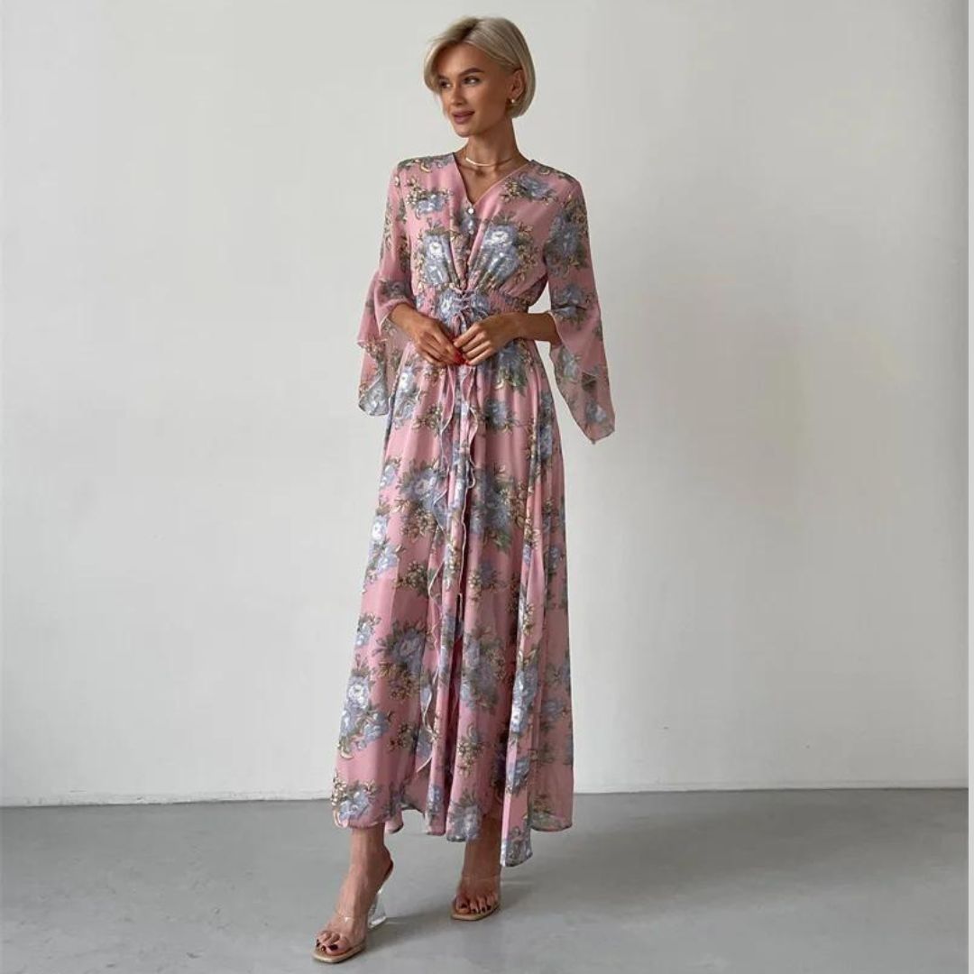 Angela - V-Neck Floral Maxi Dress Pink