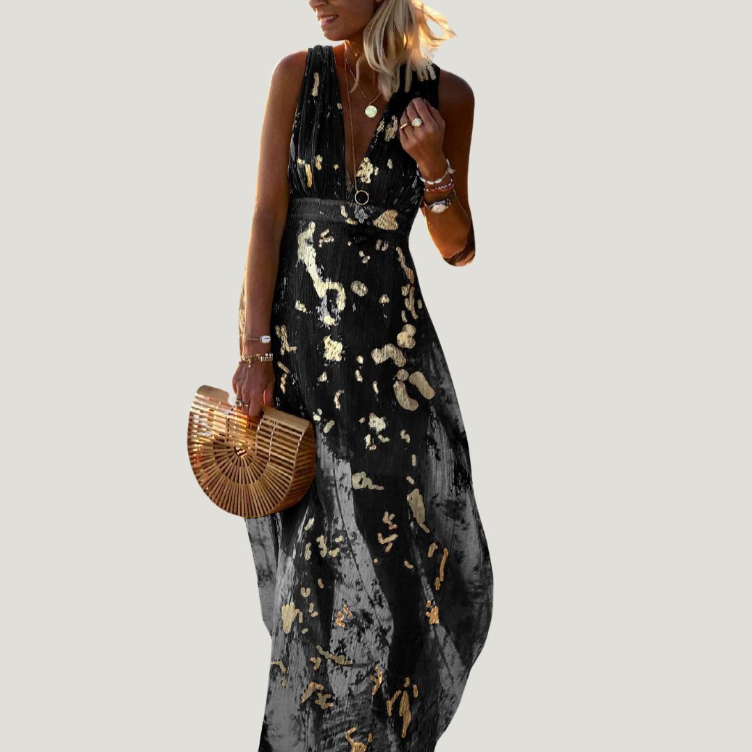 Aura - Gold-Leaf Chiffon Maxi Dress Black