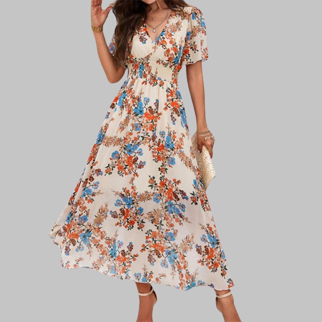 Angelica - Floral Chiffon Summer Dress Persimmon Cracker