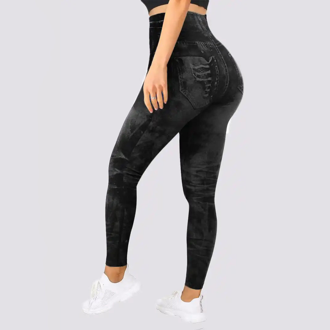 Alice - Distressed Denim Print Leggings Black