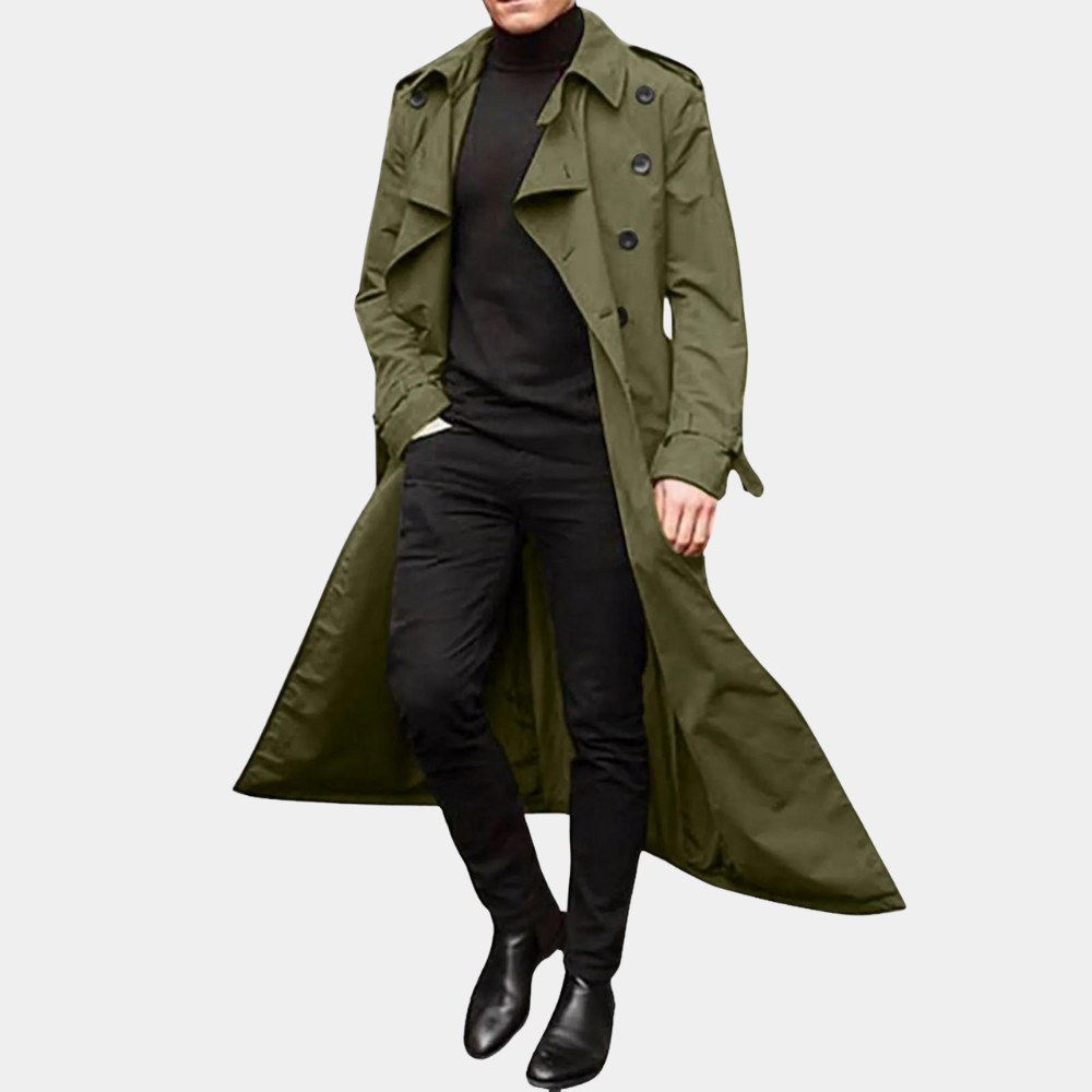 Noah - Double-Breasted Long Trench Coat Green