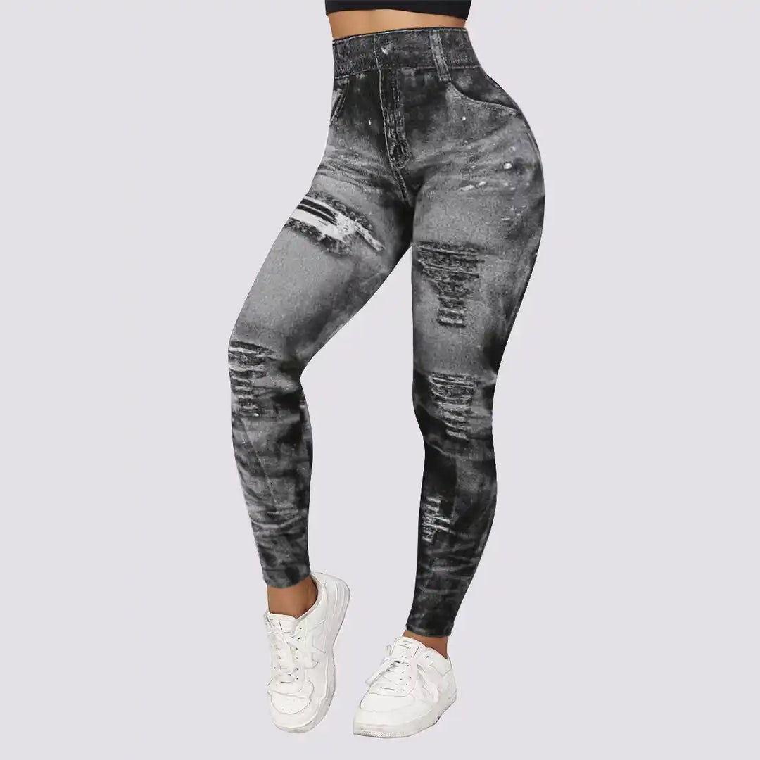 Alice - Distressed Denim Print Leggings