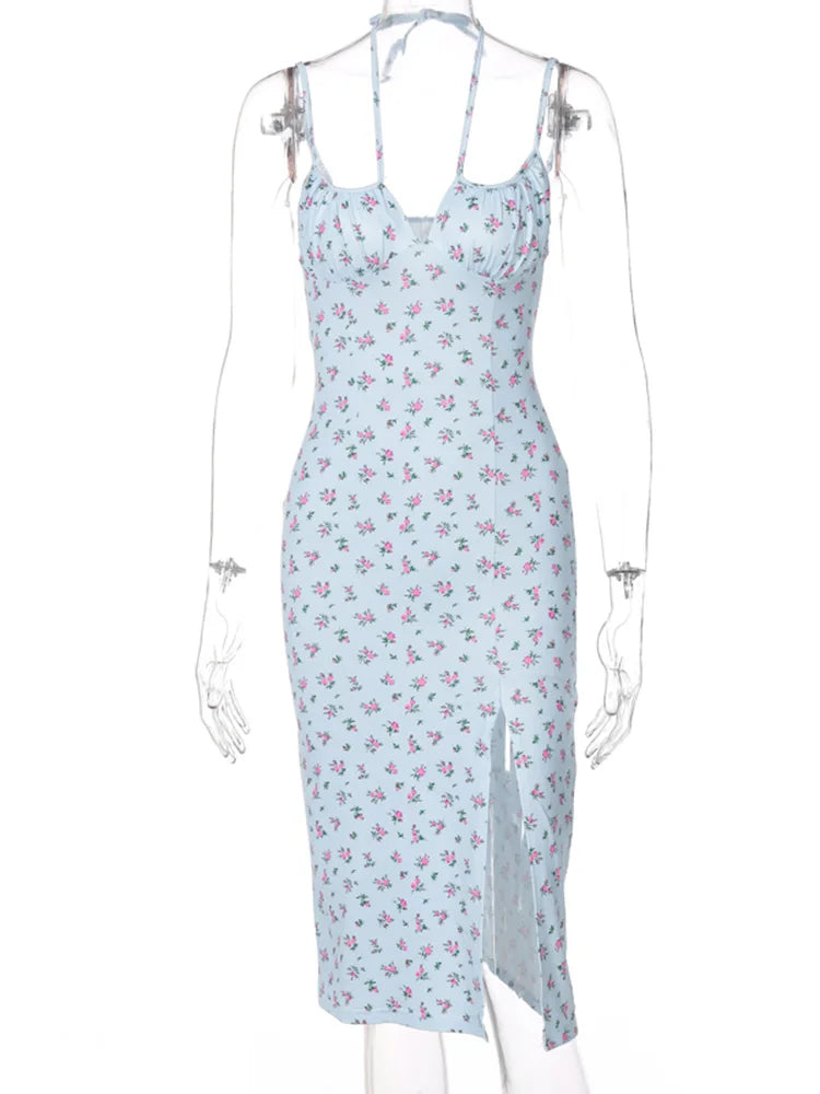 Andrea - Floral Spaghetti Summer Dress Blue