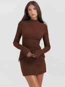 Ali - Long Sleeve Bodycon Mini Dress Brown