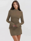 Ali - Long Sleeve Bodycon Mini Dress Khaki