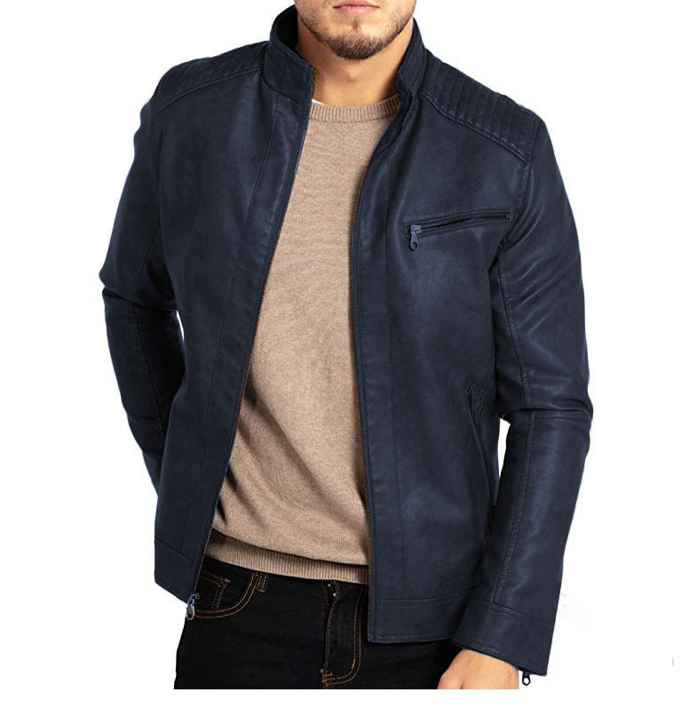 Freddie - Faux Leather Bomber Jacket Dark Blue