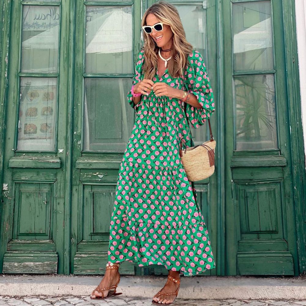 Anne - Bohemian Bell Sleeve Dress Dark Green