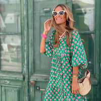 Anne - Bohemian Bell Sleeve Dress Dark Green