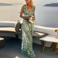 Aura - Gold-Leaf Chiffon Maxi Dress Green