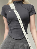 Anya - Zippered Polyester Sports Top Grey Short Sleeves