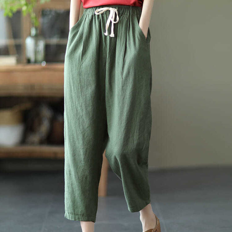 Anna - Drawstring Linen Cropped Pants Green