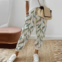 Amanda - Floral Cotton Casual Pants Light Green