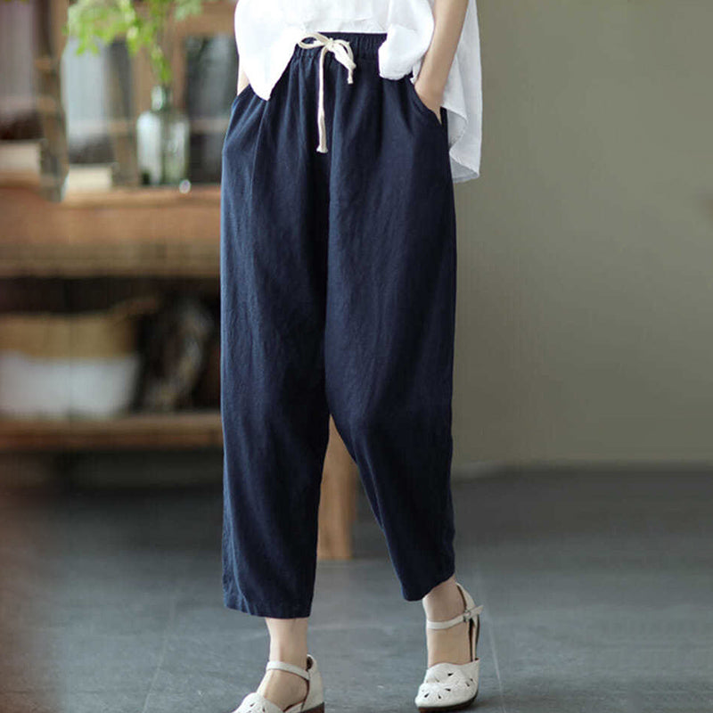 Anna - Drawstring Linen Cropped Pants Blue