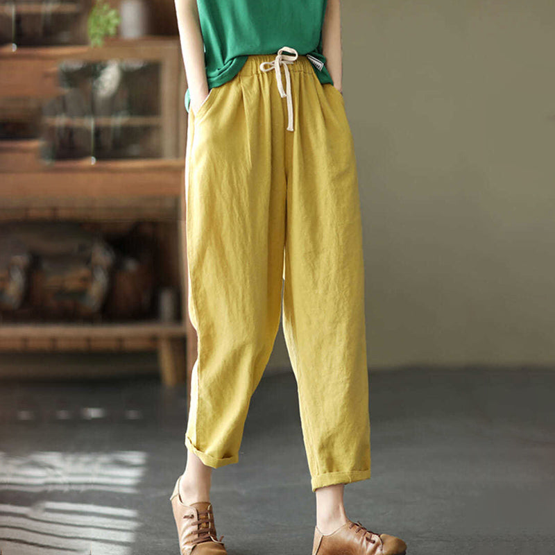 Anna - Drawstring Linen Cropped Pants Yellow