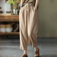 Anna - Drawstring Linen Cropped Pants Beige