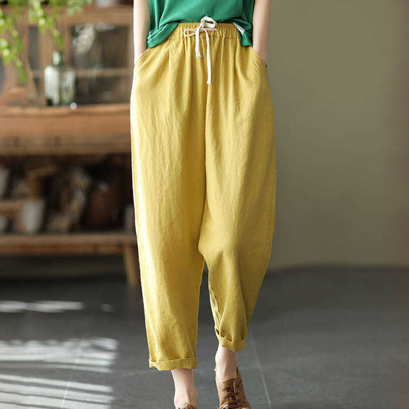 Anna - Drawstring Linen Cropped Pants Yellow