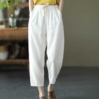 Anna - Drawstring Linen Cropped Pants White