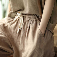 Anna - Drawstring Linen Cropped Pants Beige