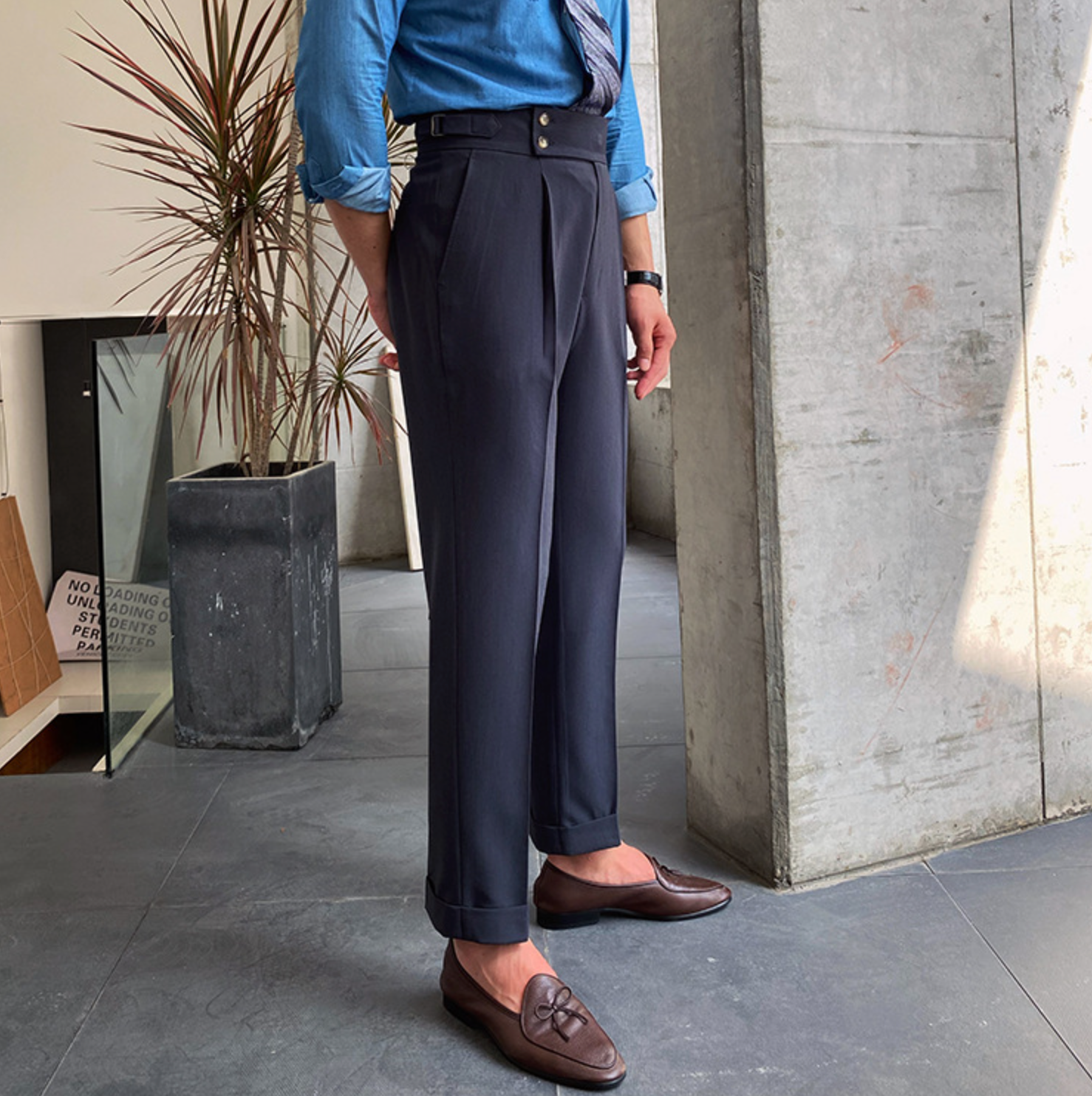 Adam - High-Waist Straight Trousers Dark Grey