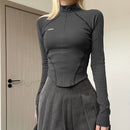 Anya - Zippered Polyester Sports Top Grey Long Sleeves