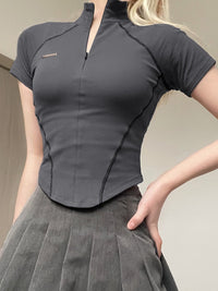 Anya - Zippered Polyester Sports Top Grey Short Sleeves